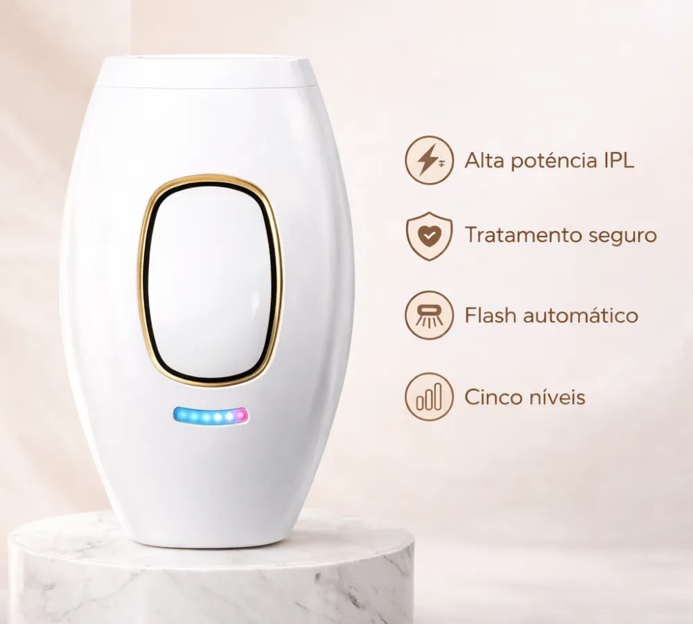 Visão frontal do depilador destacando os níveis de intensidade e o sensor de contato Loja Morela