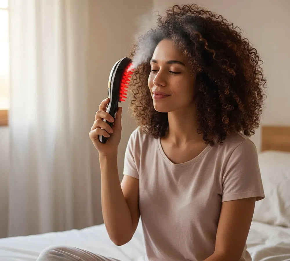 Mulher utilizando a função de vaporização da escova com tecnologia LED para hidratação dos fios - Loja Morela