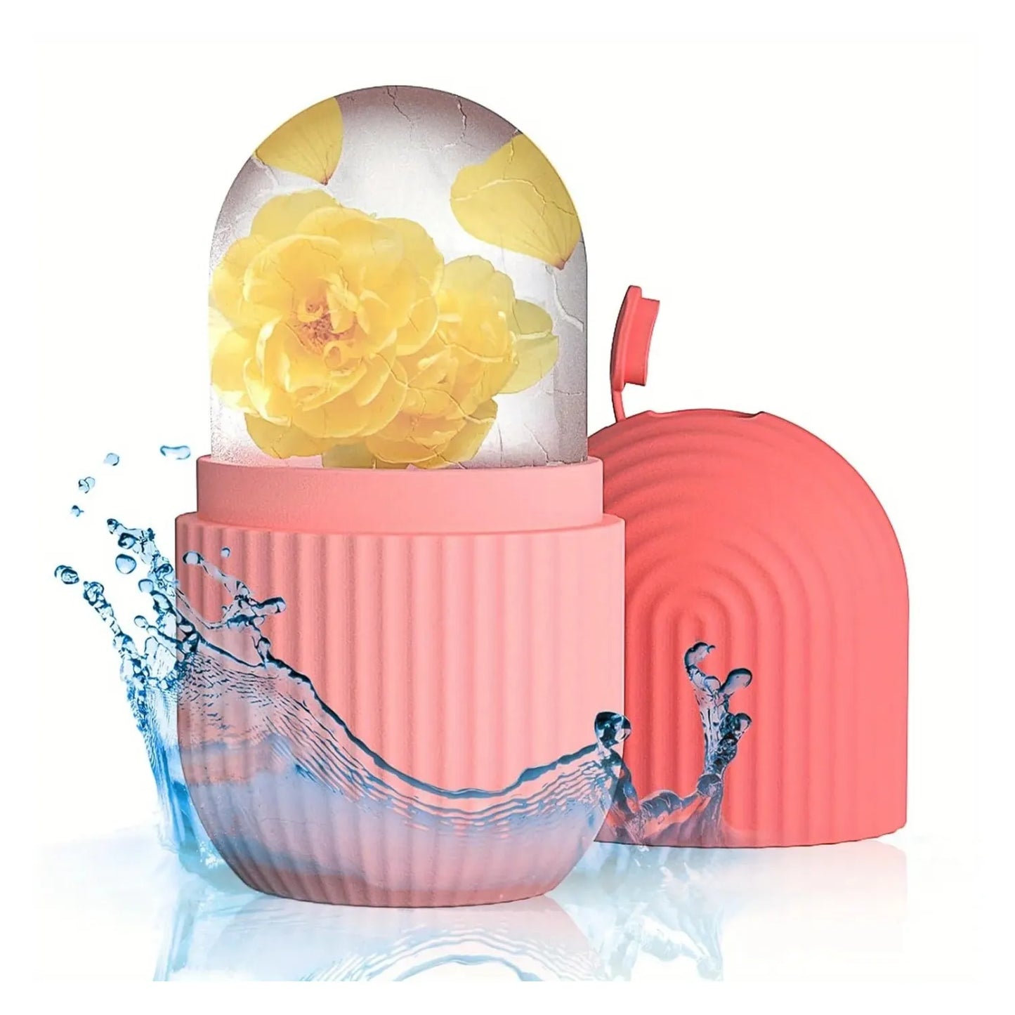Rolo de gelo facial em silicone rosa com respingos de água e flor de lótus ao fundo Loja Morela