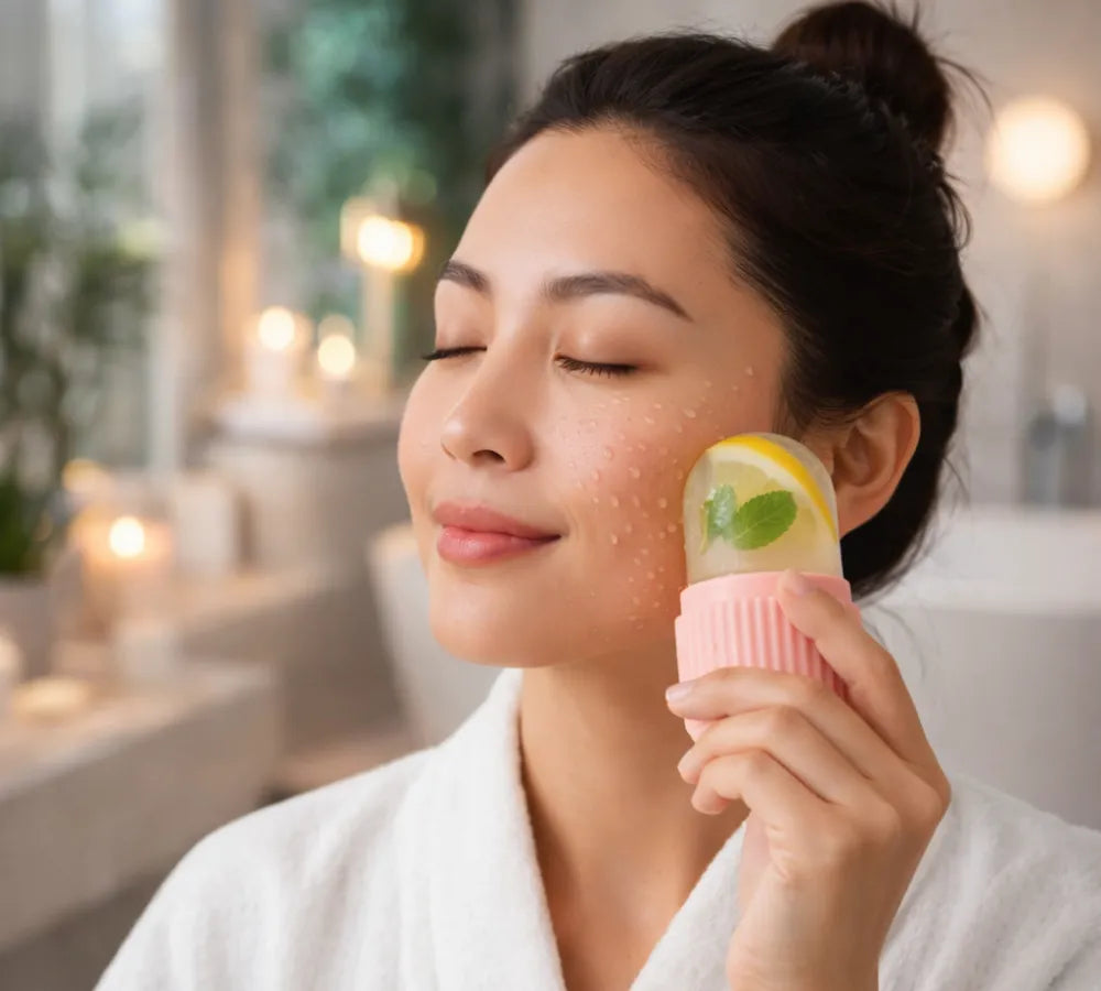 Mulher relaxada utilizando o massageador facial de gelo com fatias de limão e hortelã integradas Loja Morela