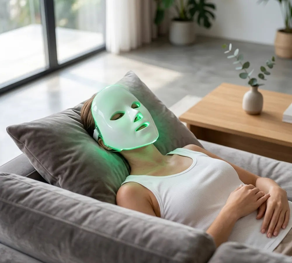 Mulher descansando no sofá enquanto utiliza a máscara de LED com luz verde para cuidado facial Loja Morela