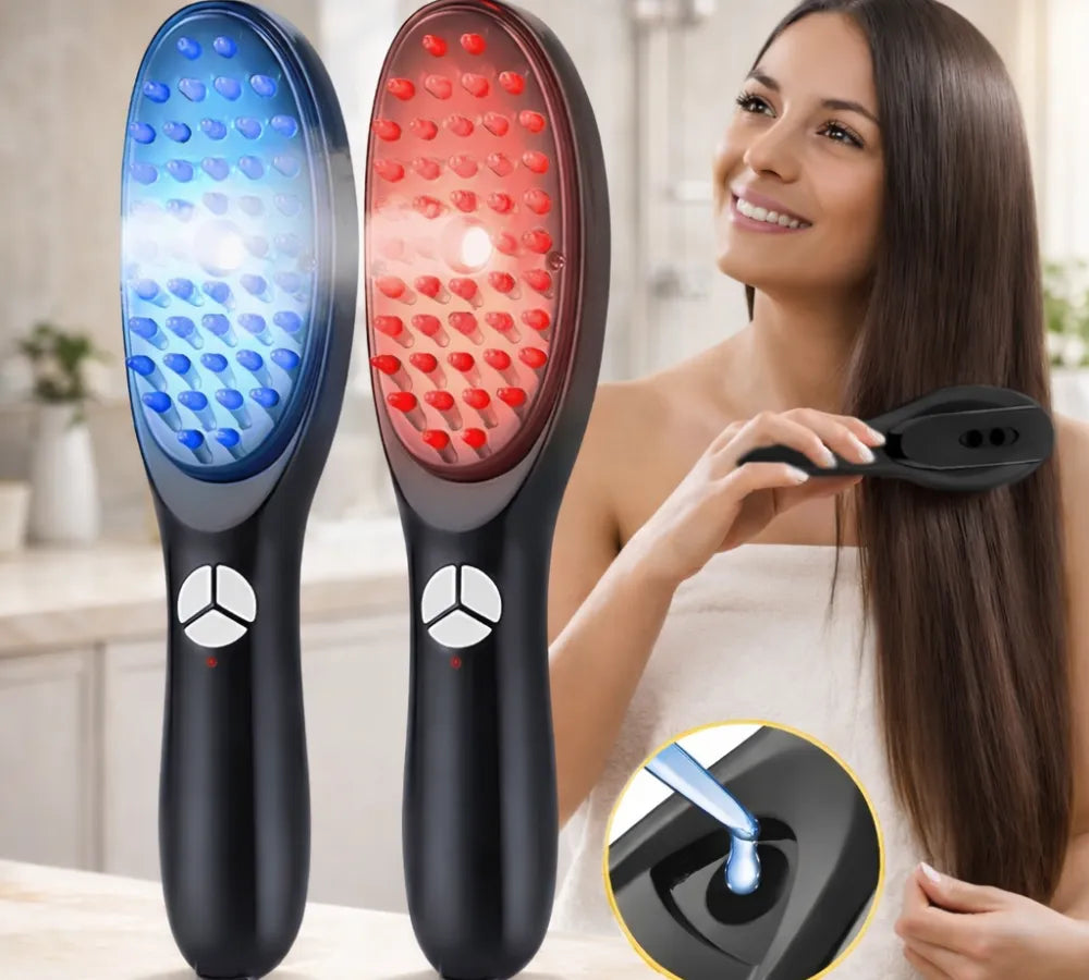 Infográfico visual mostrando as funções de vapor e luzes da escova com tecnologia LED - Loja Morela