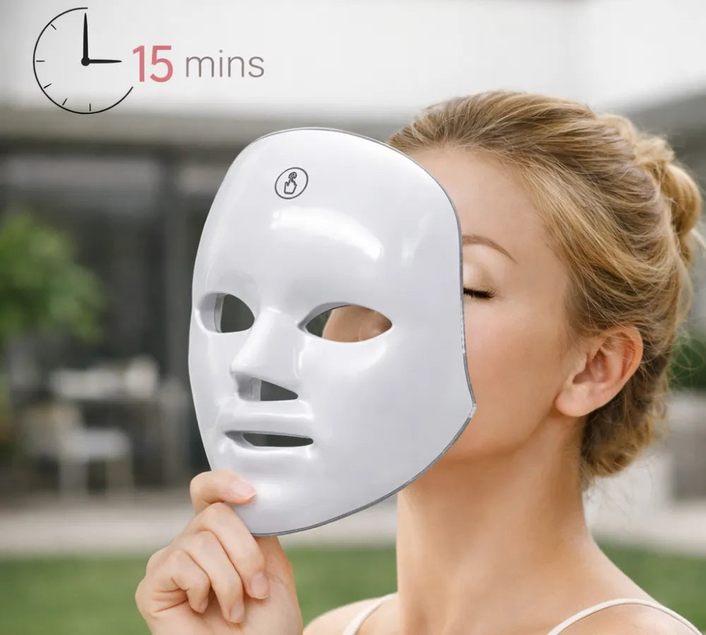 Mulher segurando a máscara de LED com ícone de 15 minutos indicando tempo de sessão Loja Morela