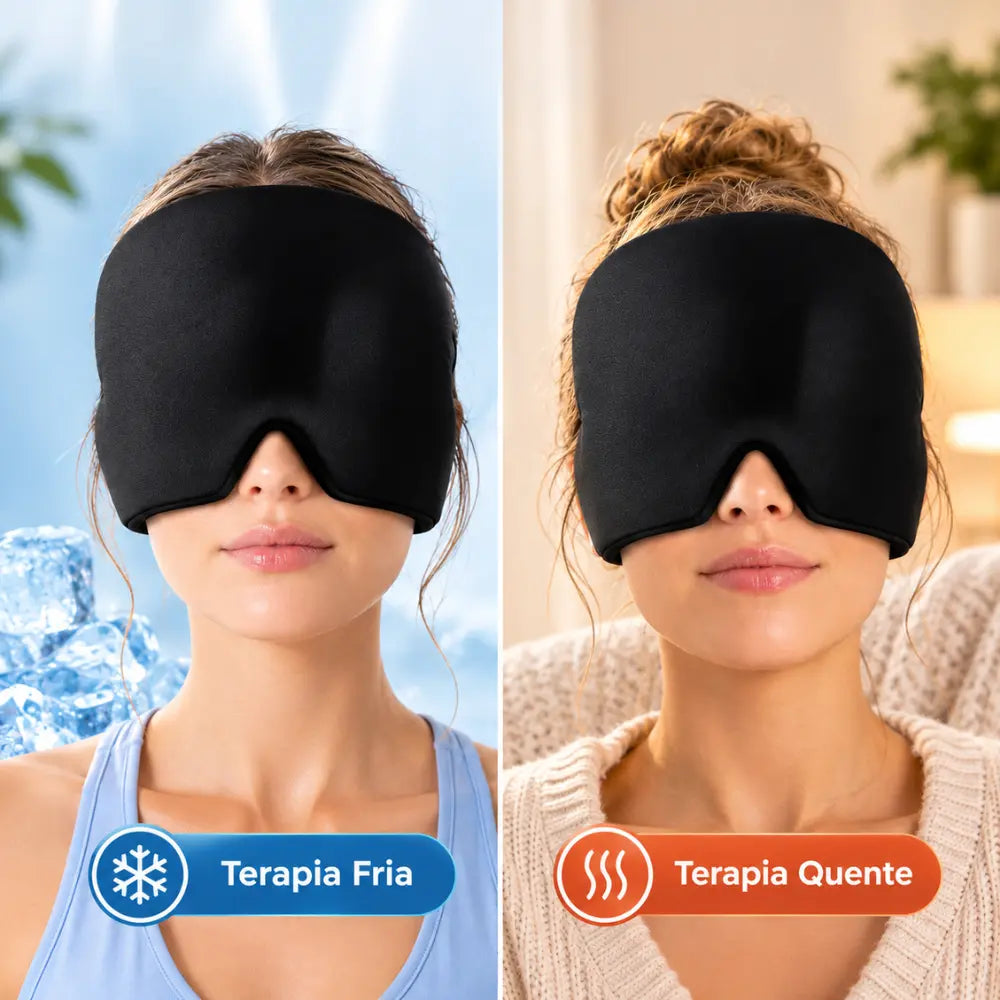 Duas toucas de gel terapêuticas pretas demonstrando os modos de terapia fria em tons de azul e terapia quente em tons de vermelho.