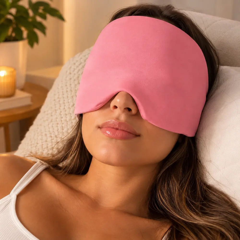 Mulher relaxando em um sofá com uma touca de gel terapêutica cor de rosa cobrindo a testa e os olhos