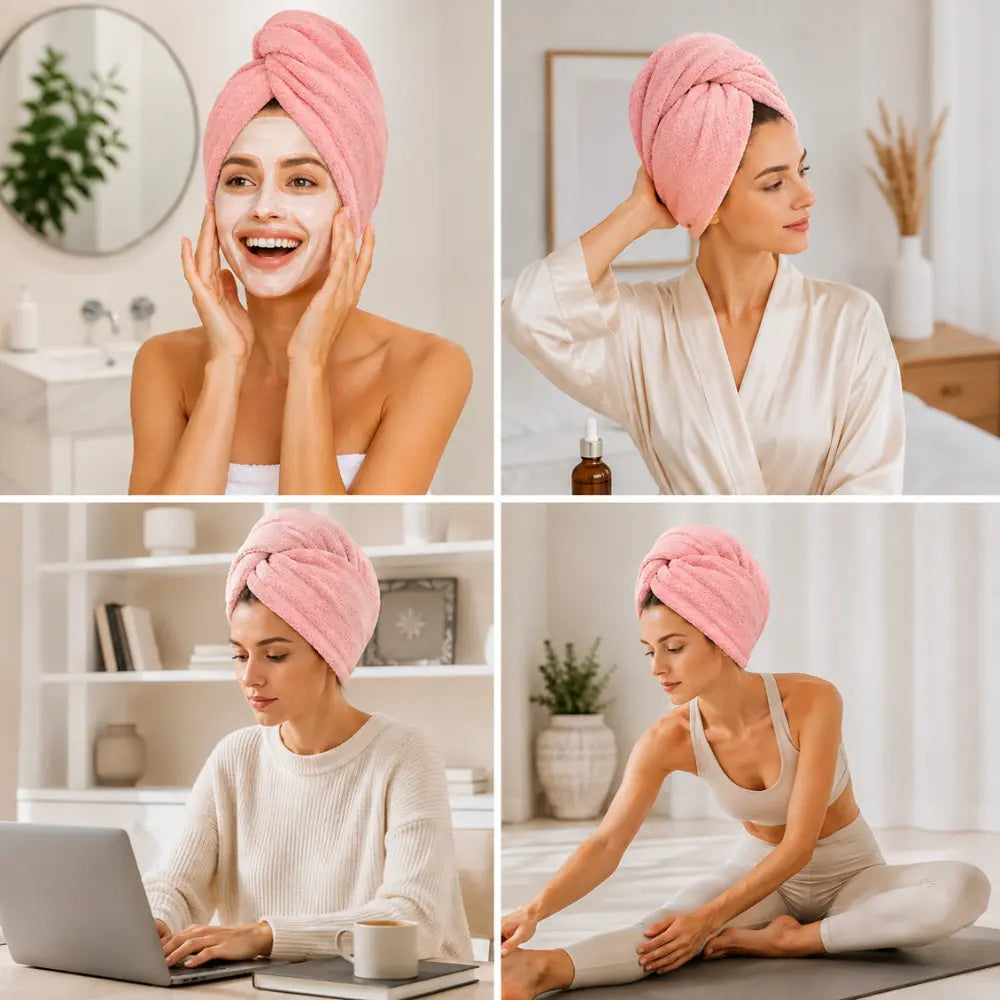 Quatro momentos de uso da touca de microfibra em rotinas de skincare umectação capilar trabalho e exercícios Loja Morela