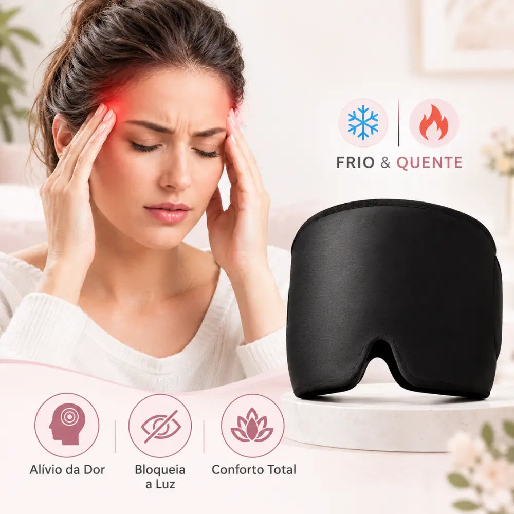 Mulher com expressão de desconforto na cabeça ao lado de uma touca de gel preta e ícones ilustrativos de alívio da dor, bloqueio de luz e conforto total.