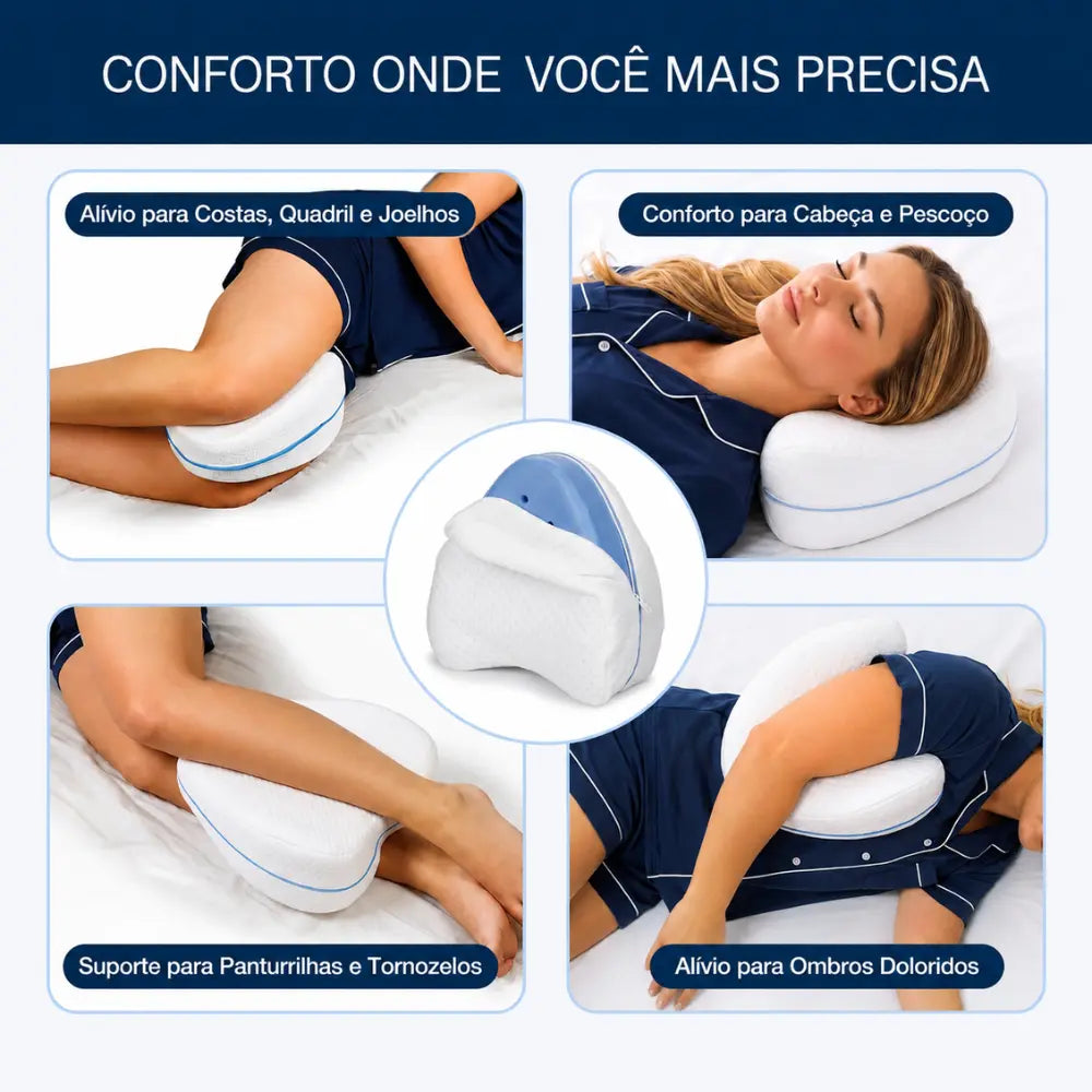 Quatro demonstrações de uso do travesseiro anatômico de espuma de memória viscoelástica, oferecendo suporte para joelhos, cabeça, pescoço, tornozelos e ombros, com destaque central para a capa removível com zíper.
